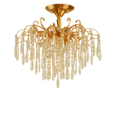 Candelabru rotund auriu cu cristale K9, 5 becuri E27, iluminare calda eleganta pentru living modern spațios