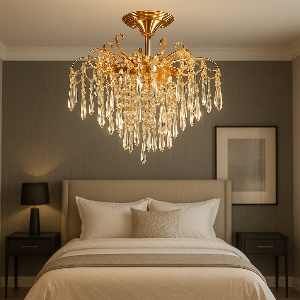 Candelabru rotund auriu cu cristale K9, 5 becuri E27, lumina ambientala rafinata pentru dormitor matrimonial