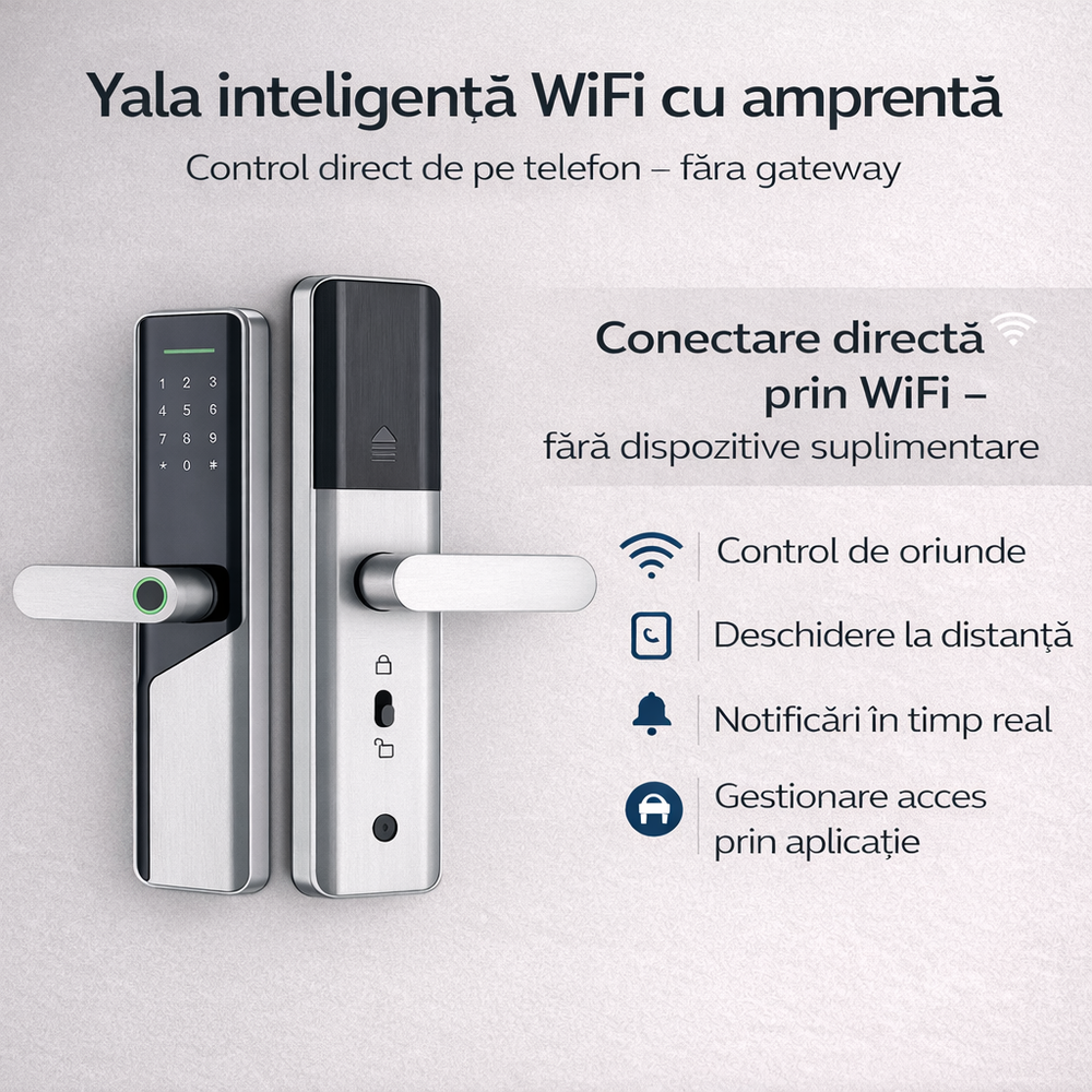 yala inteligenta cupru pentru birou usa lemn, control prin aplicatie Tuya, amprenta, card si parola, securitate moderna