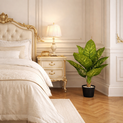 Artificial Dieffenbachia plant 90 cm in black pot placed in bedroom corner, elegant European style indoor decor plant