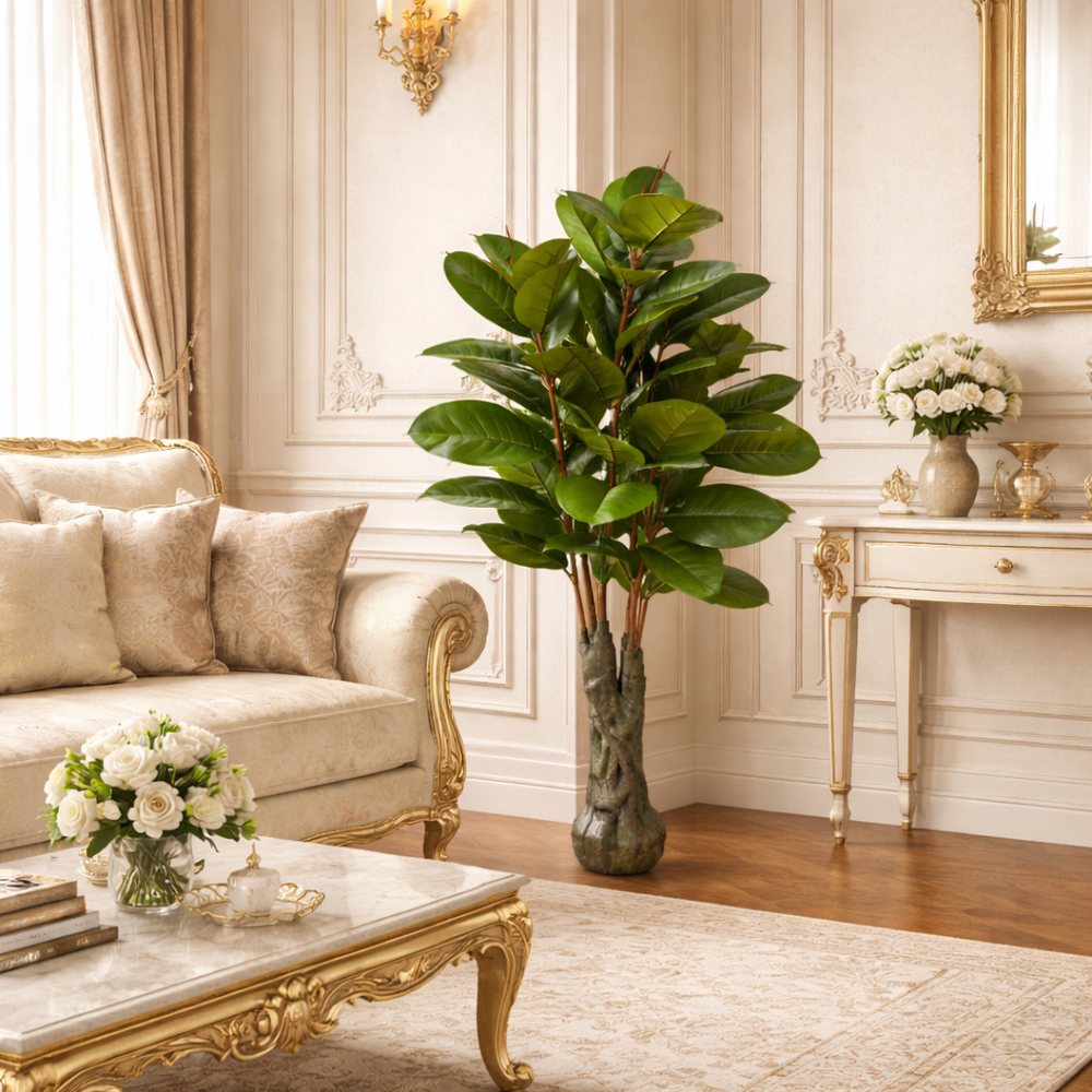 Artificial rubber plant 130 cm with glossy green leaves in decorative pot placed in elegant European style living room