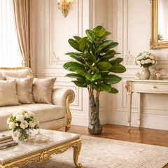 Artificial rubber plant 130 cm with glossy green leaves in decorative pot placed in elegant European style living room