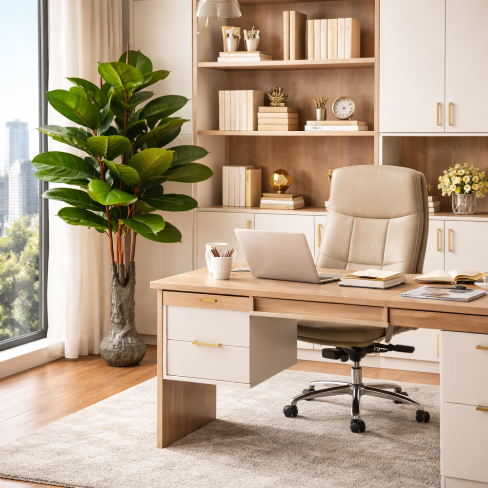 Artificial rubber plant 130 cm with large green leaves in pot placed in modern home office study room decor