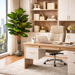 Artificial rubber plant 130 cm with large green leaves in pot placed in modern home office study room decor