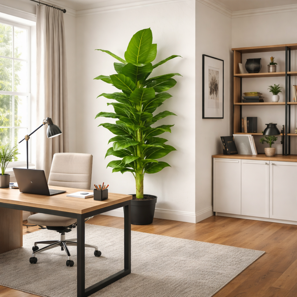 Planta artificiala inalta 180cm cu frunze verzi, amplasata in birou modern langa birou si rafturi, decor natural elegant