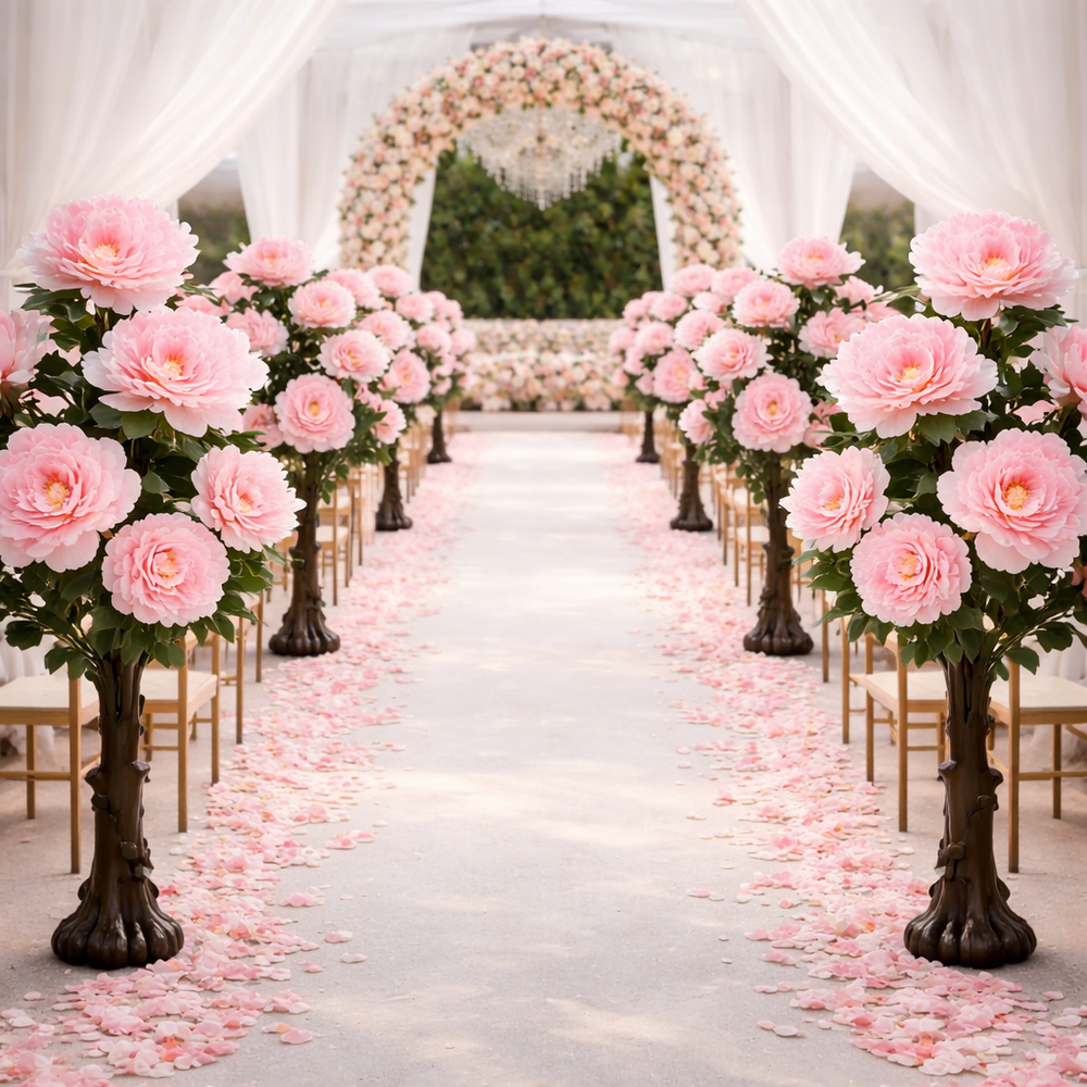 Copaci artificiali 140 cm bujori roz aliniati decor culoar nunta romantic elegant premium