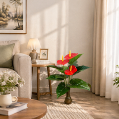 Planta artificiala Anthurium 75 cm cu flori rosii vibrante si frunze lucioase, decor living modern elegant, aspect tropical rafinat
