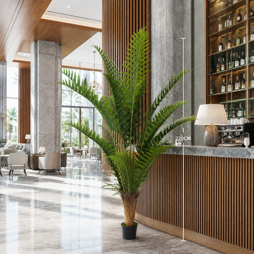 Decorațiune artificială Roystonea Regia verde, 220 cm, palmier tropical decorativ pentru hotel, restaurant, birou și interior modern.