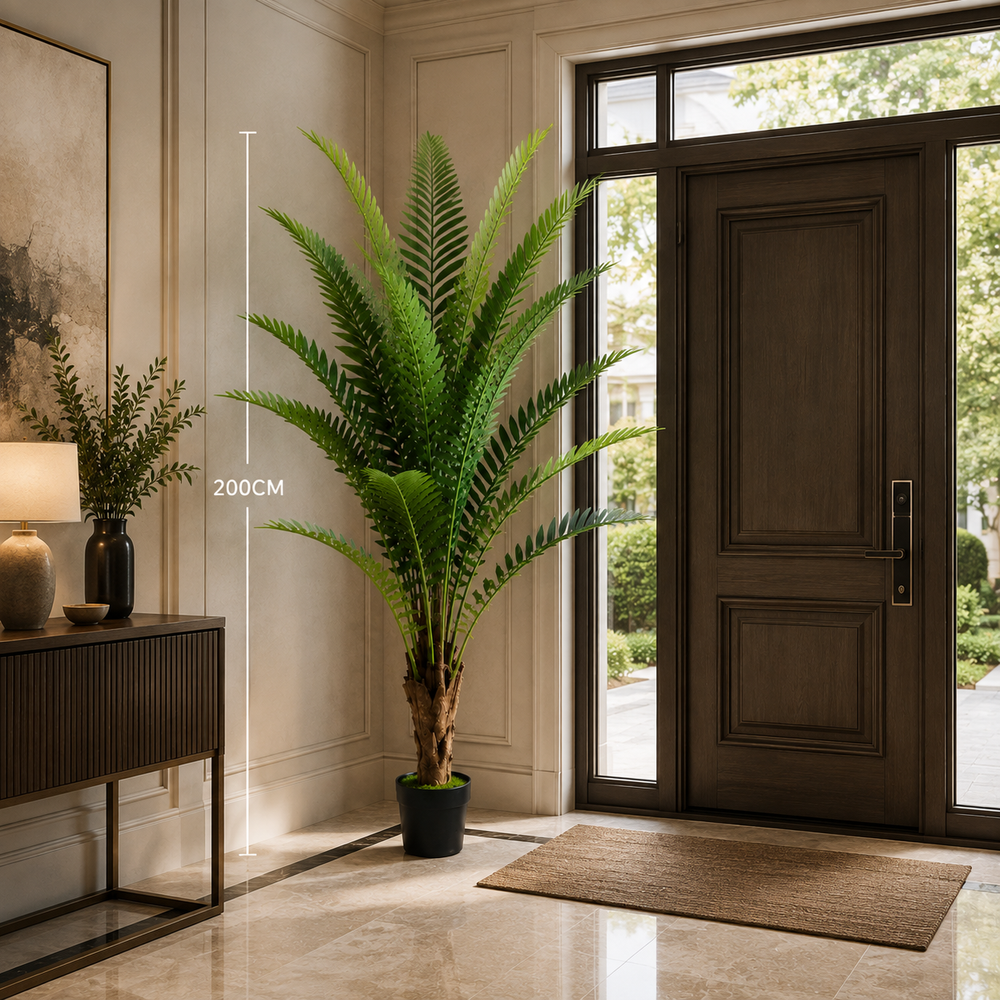 Plantă artificială Roystonea Regia verde, 200 cm, palmier tropical decorativ pentru living, birou, hotel, restaurant și spații comerciale.