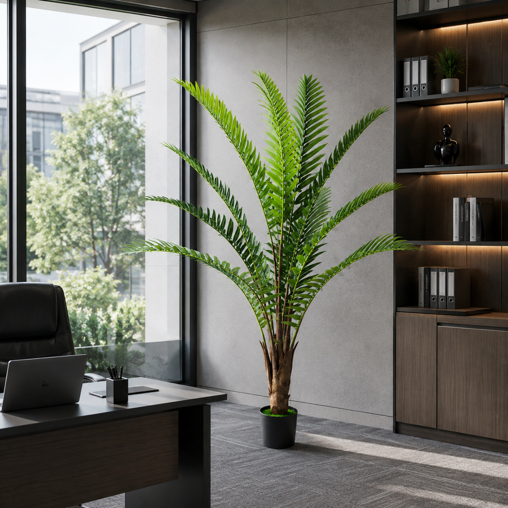 Plantă artificială Roystonea Regia verde, 180 cm, decor tropical pentru birou, living, hotel, restaurant și spații comerciale.