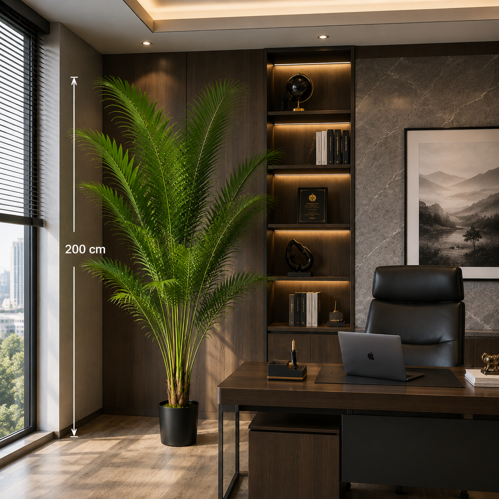 Plantă artificială Howea Forsteriana verde, 200 cm, palmier Kentia decorativ pentru living, birou, hotel, restaurant și spații comerciale.