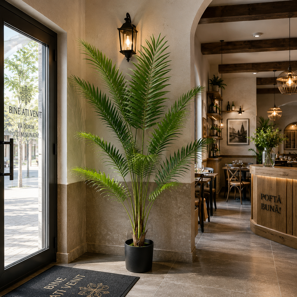 Plantă artificială Howea Forsteriana verde, 180 cm, palmier Kentia decorativ pentru living, birou, restaurant, hotel și spații comerciale.