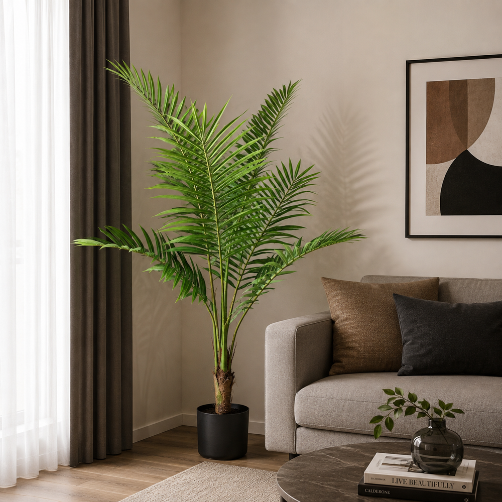 Plantă artificială Howea Forsteriana verde, 160 cm, palmier Kentia decorativ pentru living, birou, dormitor, restaurant, hotel și spații comerciale.
