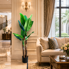 Plantă artificială Bananier verde, 160 cm, cu două tulpini și frunziș tropical bogat, decorativă pentru living, birou, restaurant, hotel și spații comerciale.