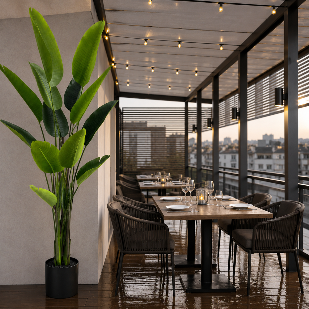 Plantă artificială Strelitzia Nicolai verde, 180 cm, cu frunze tropicale mari și aspect realist, decorativă pentru living, birou, hotel, restaurant, cafenea, recepție și spații comerciale.