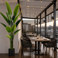 Plantă artificială Strelitzia Nicolai verde, 180 cm, cu frunze tropicale mari și aspect realist, decorativă pentru living, birou, hotel, restaurant, cafenea, recepție și spații comerciale.