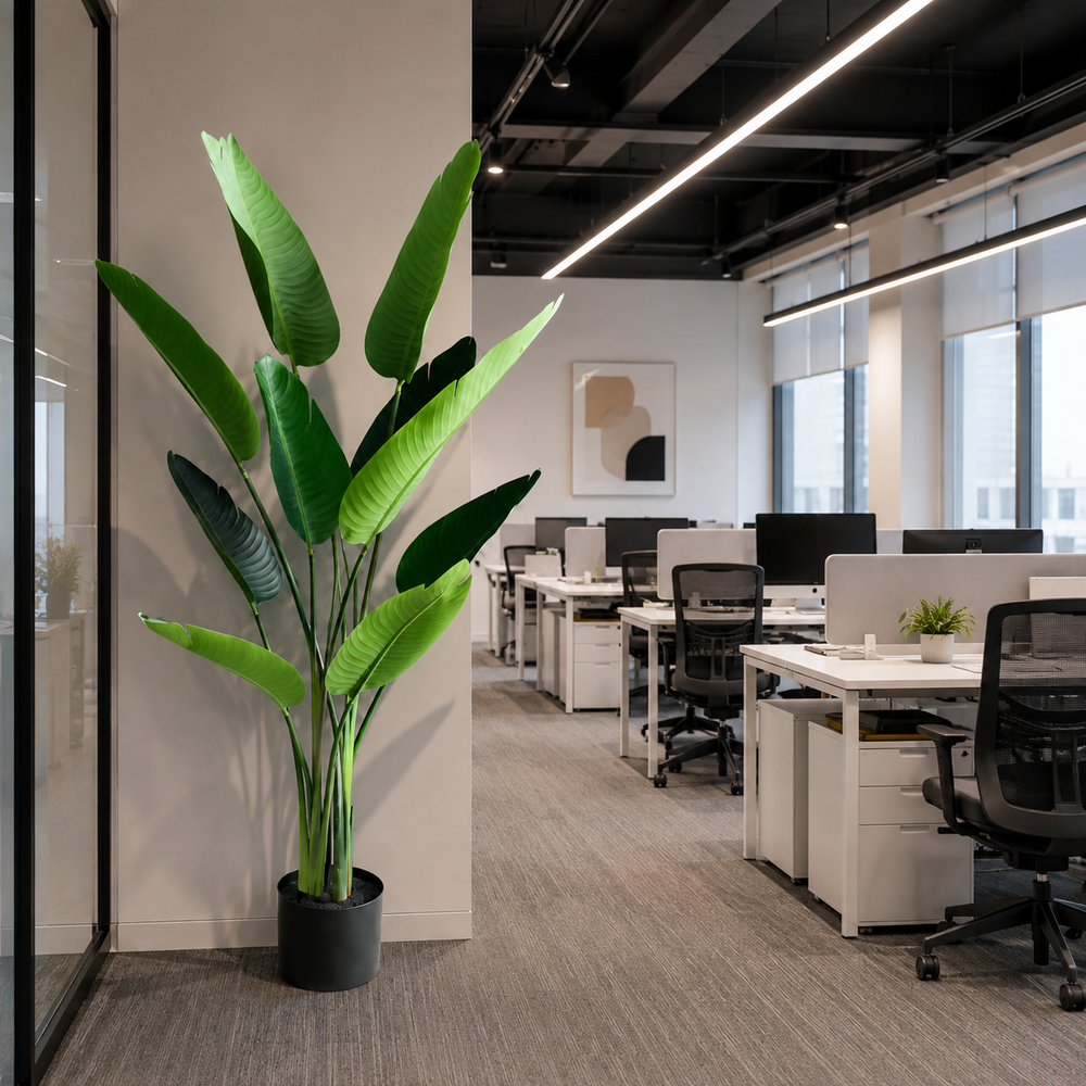 Plantă artificială Strelitzia Nicolai verde, 150 cm, cu frunze tropicale mari și aspect realist, în ghiveci negru, ideală pentru living, birou, hotel, restaurant, recepție și spații comerciale.