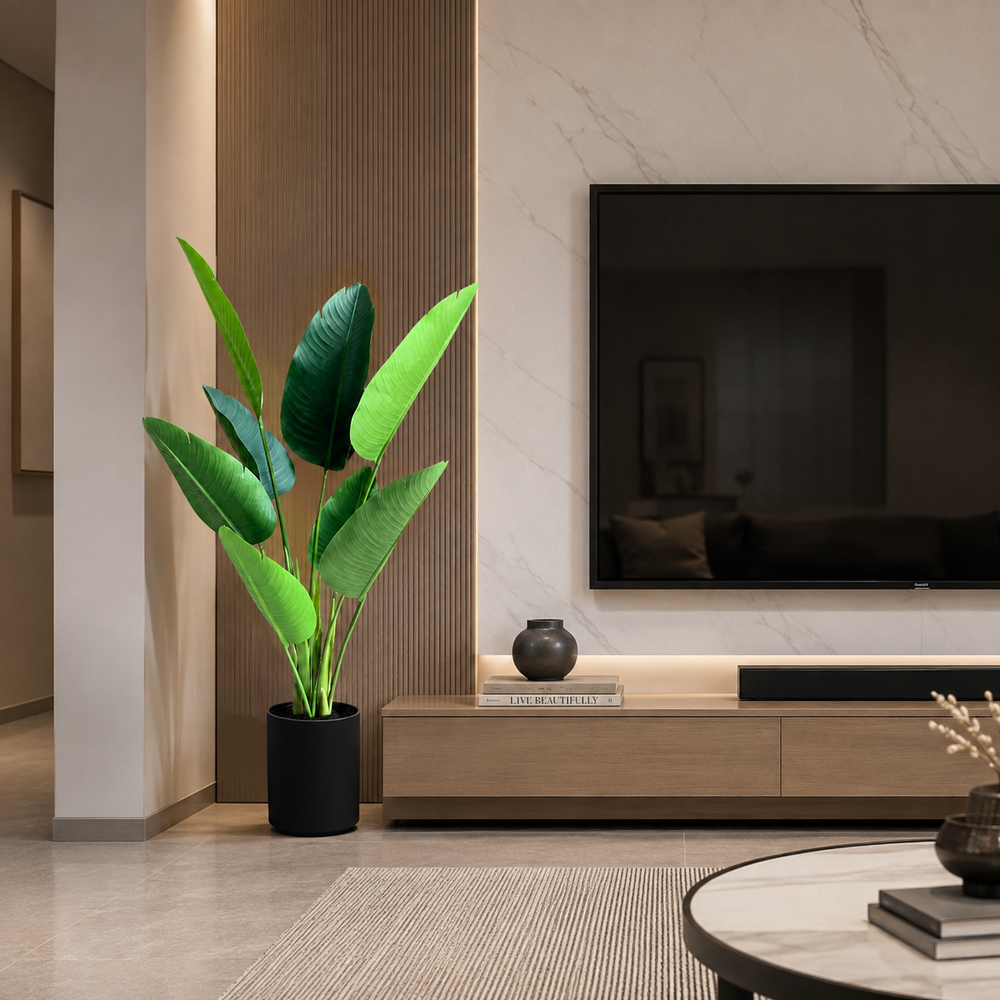 Plantă artificială Strelitzia Nicolai verde, 120 cm, cu frunze tropicale mari și aspect realist, în ghiveci negru, ideală pentru living, dormitor, birou, recepție, hotel, restaurant, cafenea și spații comerciale.
