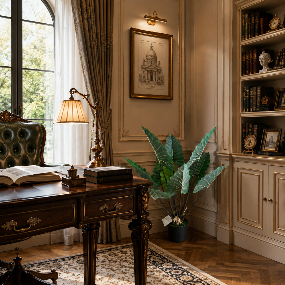 Plantă artificială Strelitzia verde, 100 cm, cu frunze mari și aspect realist, în ghiveci, ideală pentru living, birou, dormitor, hotel, restaurant, recepție și spații comerciale.