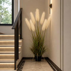 Planta Artificială Iarbă Ornamentală, 220cm, cu 7 fire, Stuf si Iarba, Verde si Alb, Fara Ghiveci