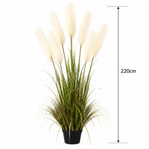 Planta Artificială Iarbă Ornamentală, 220cm, cu 7 fire, Stuf si Iarba, Verde si Alb, Fara Ghiveci