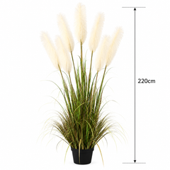 Planta Artificială Iarbă Ornamentală, 220cm, cu 7 fire, Stuf si Iarba, Verde si Alb, Fara Ghiveci