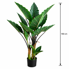 Plantă Artificială Tip Alocasia Cu Frunze Late, 3 trunchiuri, Plastic, 160 cm, Verde