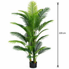 Planta Artificială Copac Tip Palmier Kentia, 3 tulpini, 17 frunze, 220 cm, Verde, cu Ghiveci