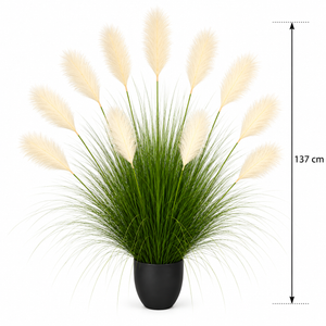 Planta Artificială Iarbă Ornamentală, 137 cm, 11 tulpini, Stuf si Iarba, Verde deschis si Alb, Fara Ghiveci