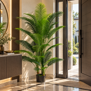 Planta Artificială Copac Tip Palmier Kentia, 3 tulpini, 17 frunze, 220 cm, Verde, cu Ghiveci