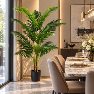 Planta Artificială Copac Tip Palmier Kentia, 3 tulpini, 17 frunze, 160 cm, Verde, cu Ghiveci