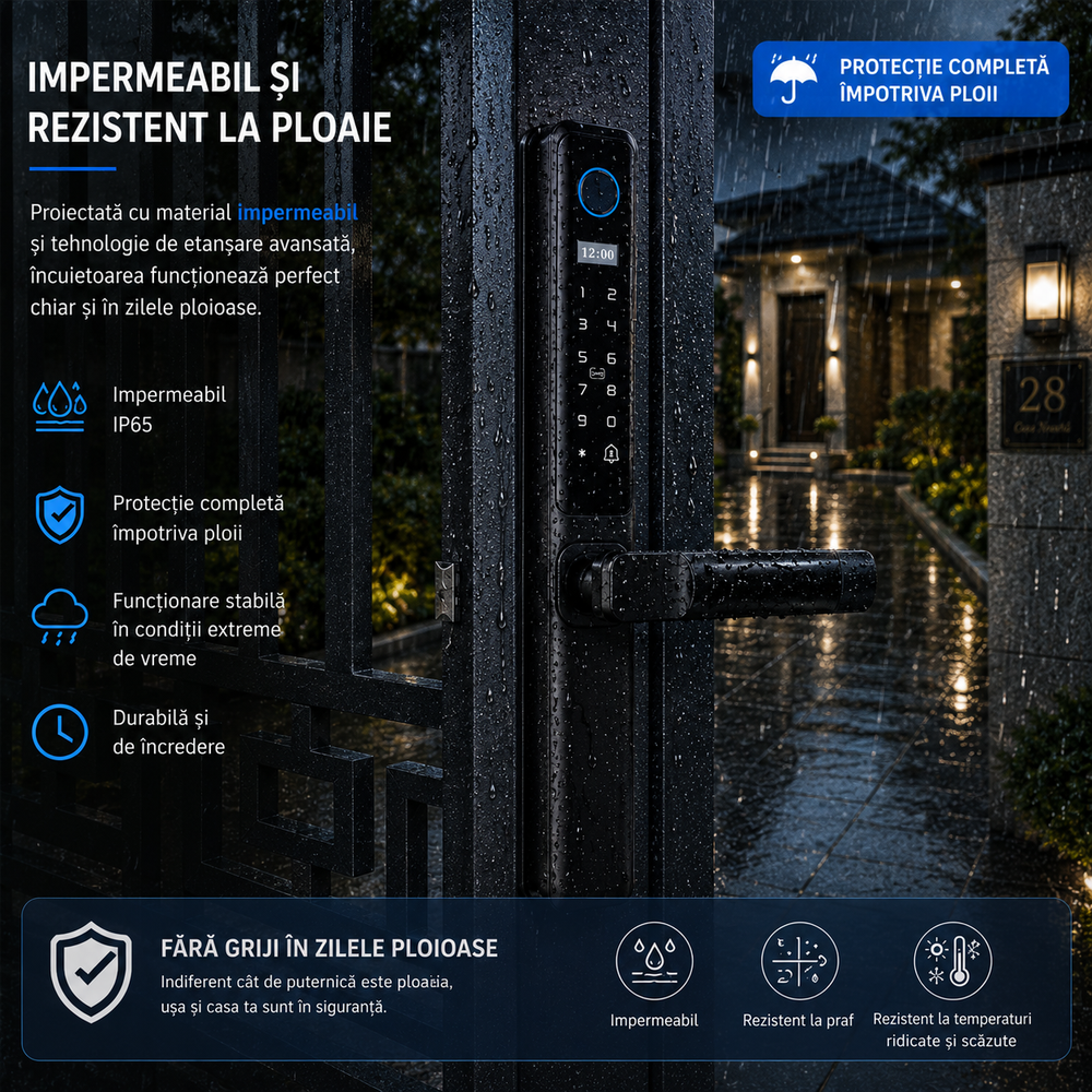 Încuietoare inteligentă D02 pentru uși metalice și uși blindate cu broască europeană 85 mm, control prin aplicația TUYA Smart, deblocare cu amprentă digitală, cod PIN, card RFID, cheie mecanică și telefon, design impermeabil pentru exterior, culoare negru mat.