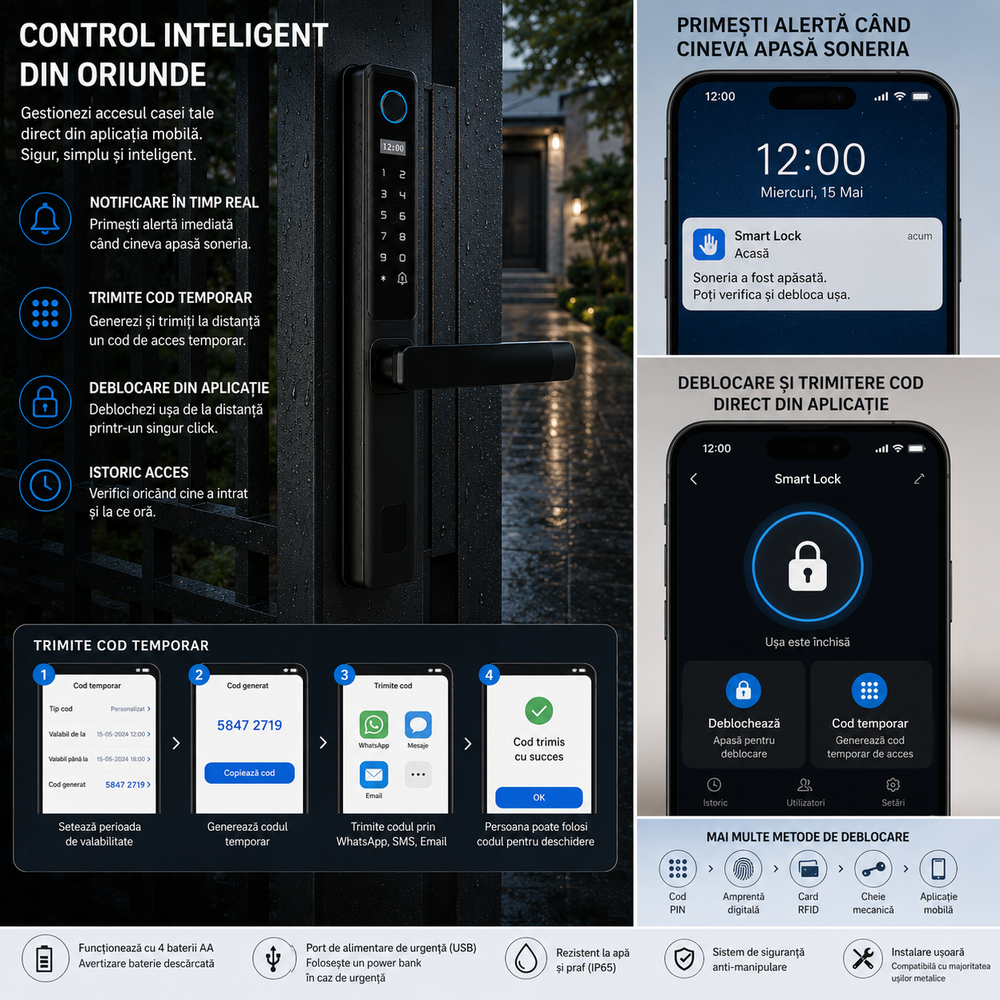 Încuietoare inteligentă D02 pentru uși metalice și uși blindate cu broască europeană 85 mm, control prin aplicația TUYA Smart, deblocare cu amprentă digitală, cod PIN, card RFID, cheie mecanică și telefon, design impermeabil pentru exterior, culoare negru mat.