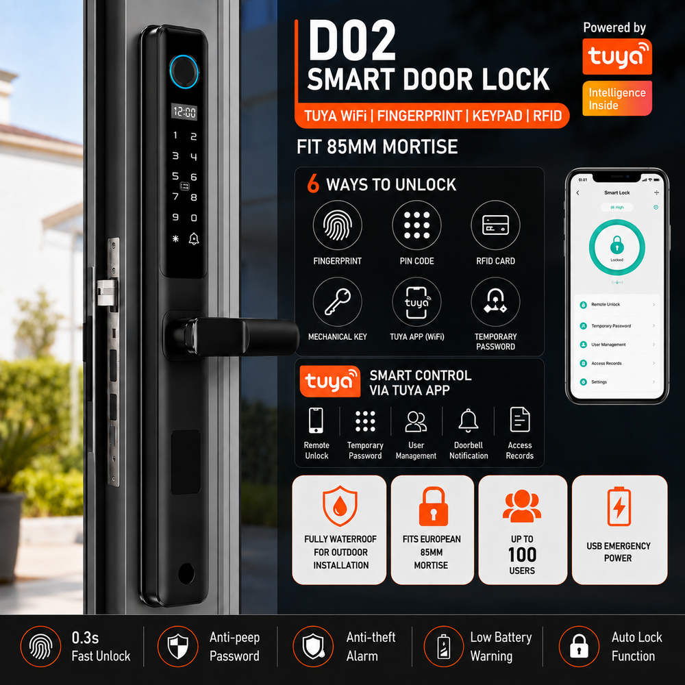 Încuietoare inteligentă D02 pentru uși metalice și uși blindate cu broască europeană 85 mm, control prin aplicația TUYA Smart, deblocare cu amprentă digitală, cod PIN, card RFID, cheie mecanică și telefon, design impermeabil pentru exterior, culoare negru mat.