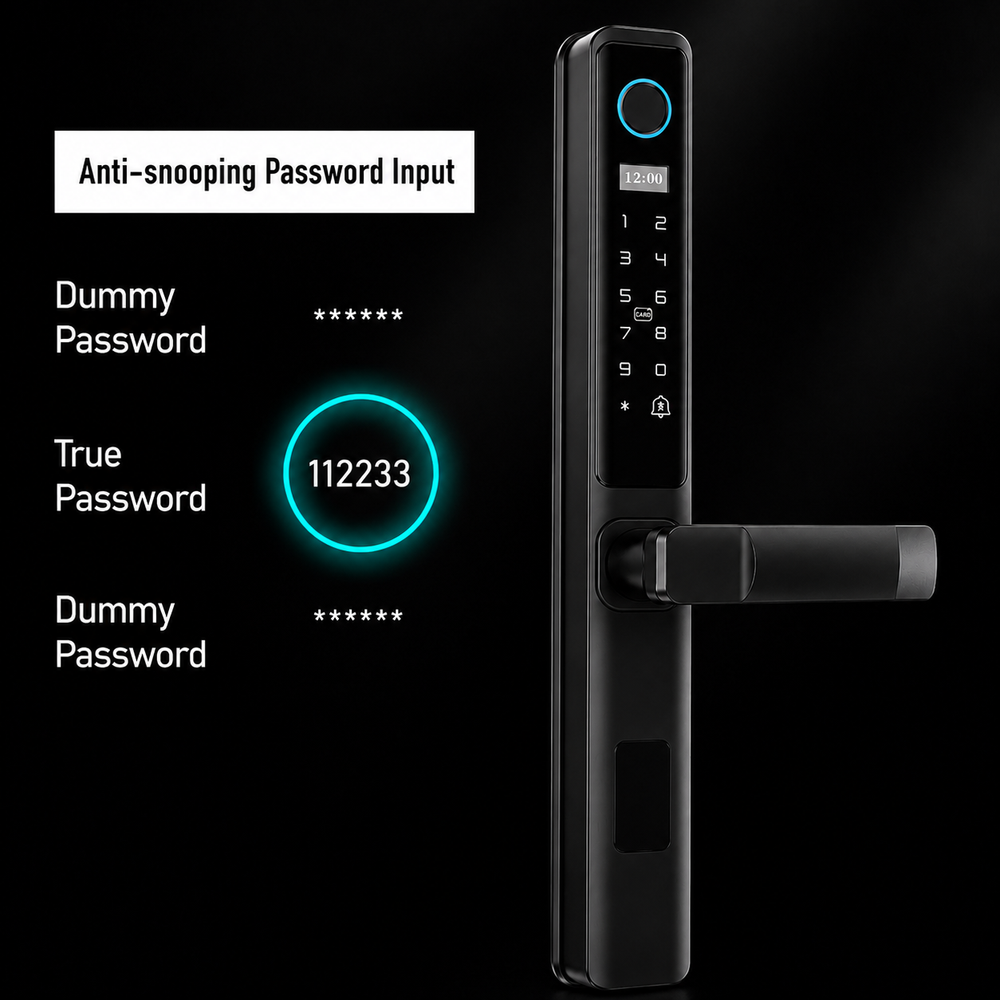 Încuietoare inteligentă D02 pentru uși metalice și uși blindate cu broască europeană 85 mm, control prin aplicația TUYA Smart, deblocare cu amprentă digitală, cod PIN, card RFID, cheie mecanică și telefon, design impermeabil pentru exterior, culoare negru mat.