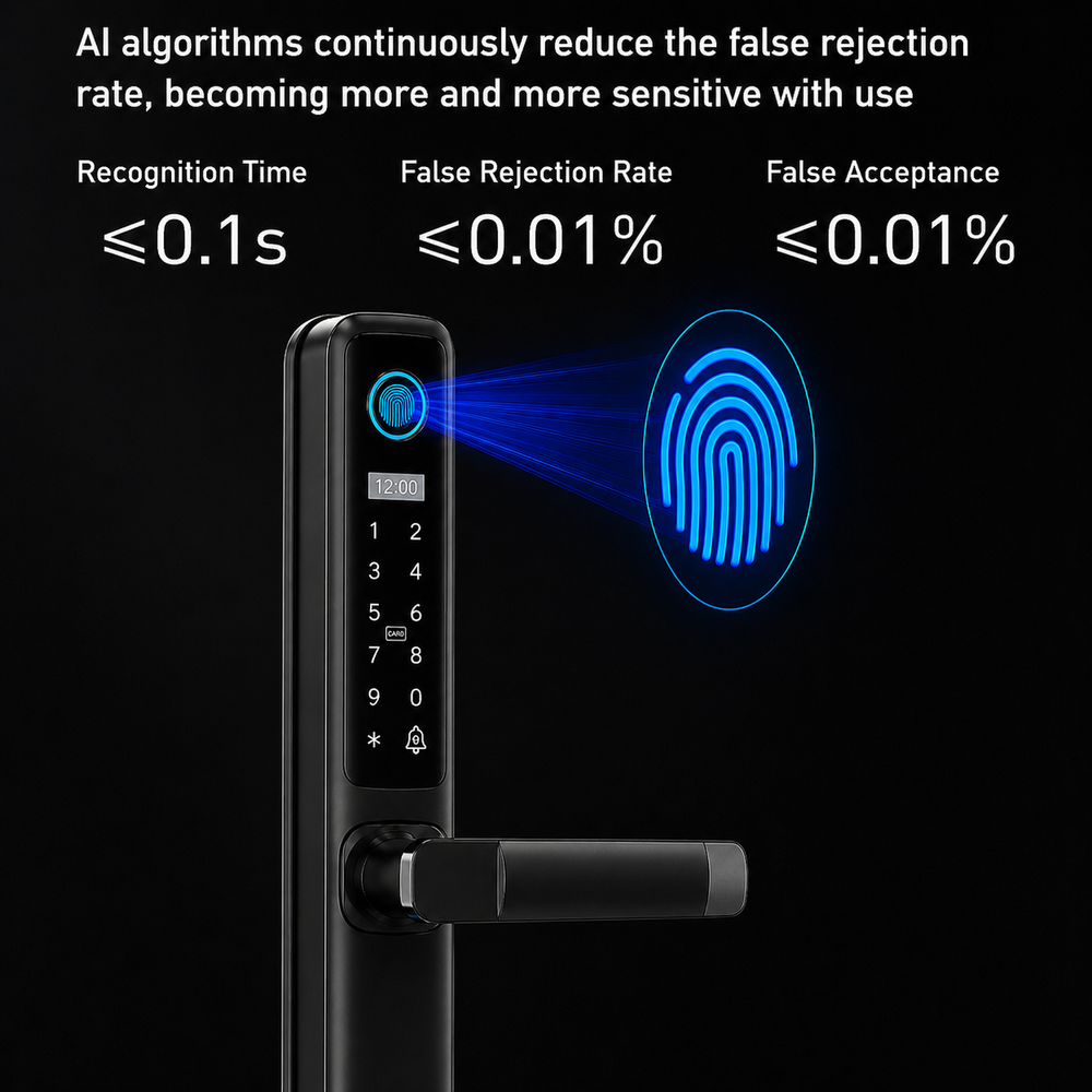 Încuietoare inteligentă D02 pentru uși metalice și uși blindate cu broască europeană 85 mm, control prin aplicația TUYA Smart, deblocare cu amprentă digitală, cod PIN, card RFID, cheie mecanică și telefon, design impermeabil pentru exterior, culoare negru mat.