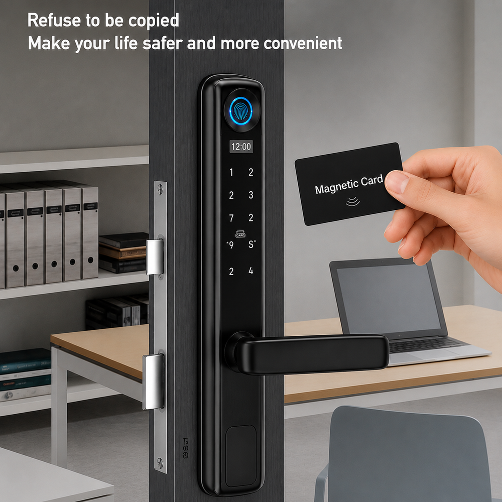 Încuietoare inteligentă D02 pentru uși metalice și uși blindate cu broască europeană 85 mm, control prin aplicația TUYA Smart, deblocare cu amprentă digitală, cod PIN, card RFID, cheie mecanică și telefon, design impermeabil pentru exterior, culoare negru mat.