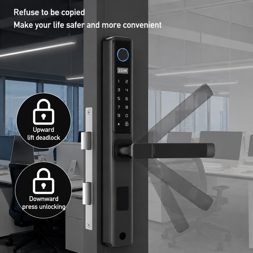 Încuietoare inteligentă D02 pentru uși metalice și uși blindate cu broască europeană 85 mm, control prin aplicația TUYA Smart, deblocare cu amprentă digitală, cod PIN, card RFID, cheie mecanică și telefon, design impermeabil pentru exterior, culoare negru mat.