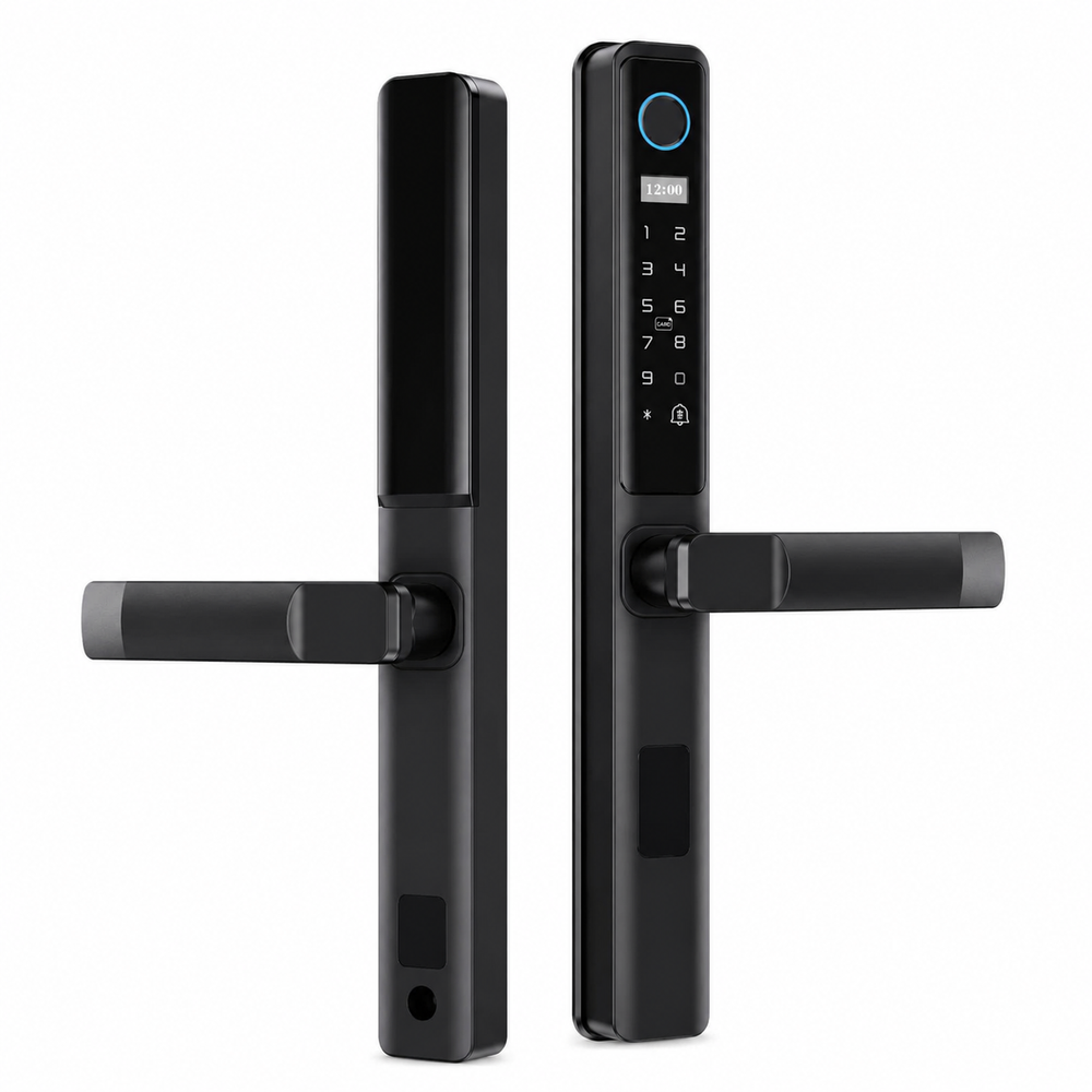 Încuietoare inteligentă D02 pentru uși metalice și uși blindate cu broască europeană 85 mm, control prin aplicația TUYA Smart, deblocare cu amprentă digitală, cod PIN, card RFID, cheie mecanică și telefon, design impermeabil pentru exterior, culoare negru mat.