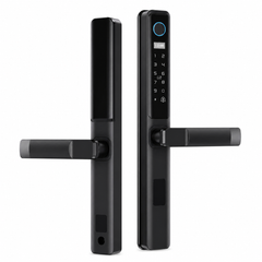 Încuietoare inteligentă D02 pentru uși metalice și uși blindate cu broască europeană 85 mm, control prin aplicația TUYA Smart, deblocare cu amprentă digitală, cod PIN, card RFID, cheie mecanică și telefon, design impermeabil pentru exterior, culoare negru mat.