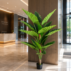 Plantă artificială Alocasia verde, 190 cm, cu frunze mari și bogate, aspect realist și ghiveci inclus, ideală pentru living, birou, hotel, restaurant, recepție, showroom și spații comerciale.