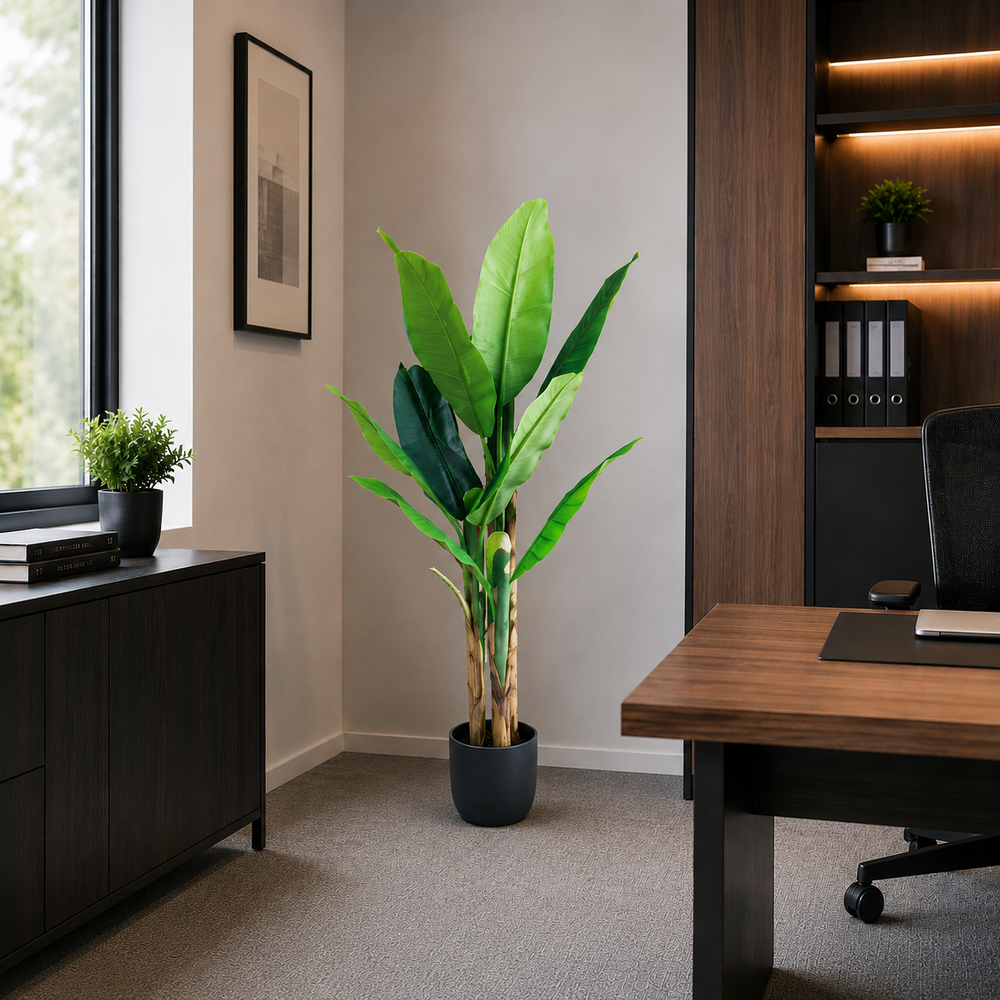Plantă artificială Bananier verde, 140 cm, cu trei tulpini și frunziș tropical bogat, decorativă pentru living, birou, restaurant, hotel și spații comerciale.