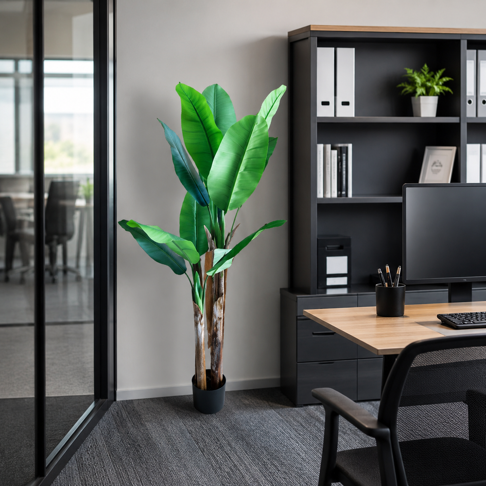 Plantă artificială Bananier verde, 160 cm, cu două tulpini și frunziș tropical bogat, decorativă pentru living, birou, restaurant, hotel și spații comerciale.
