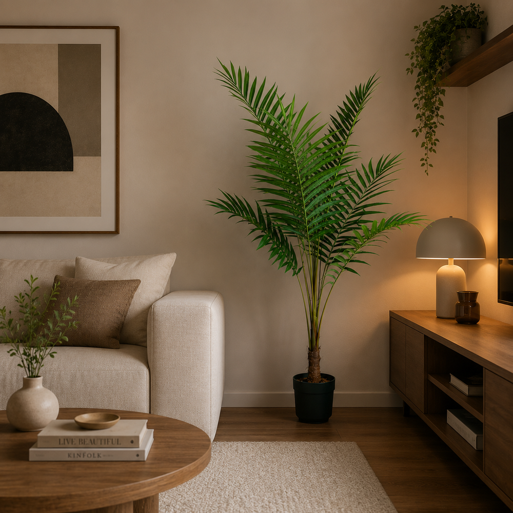 Plantă artificială Howea Forsteriana verde, 160 cm, palmier Kentia decorativ pentru living, birou, dormitor, restaurant, hotel și spații comerciale.
