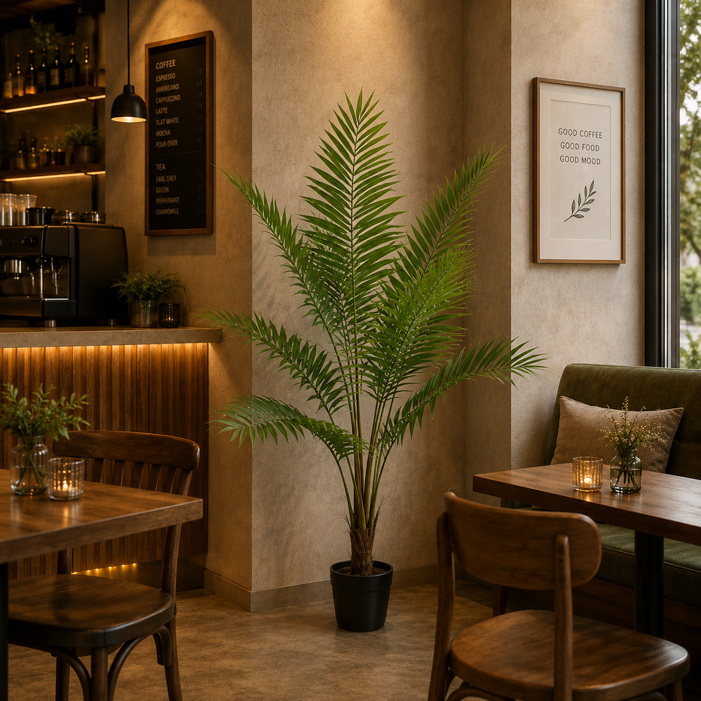 Plantă artificială Howea Forsteriana verde, 180 cm, palmier Kentia decorativ pentru living, birou, restaurant, hotel și spații comerciale.