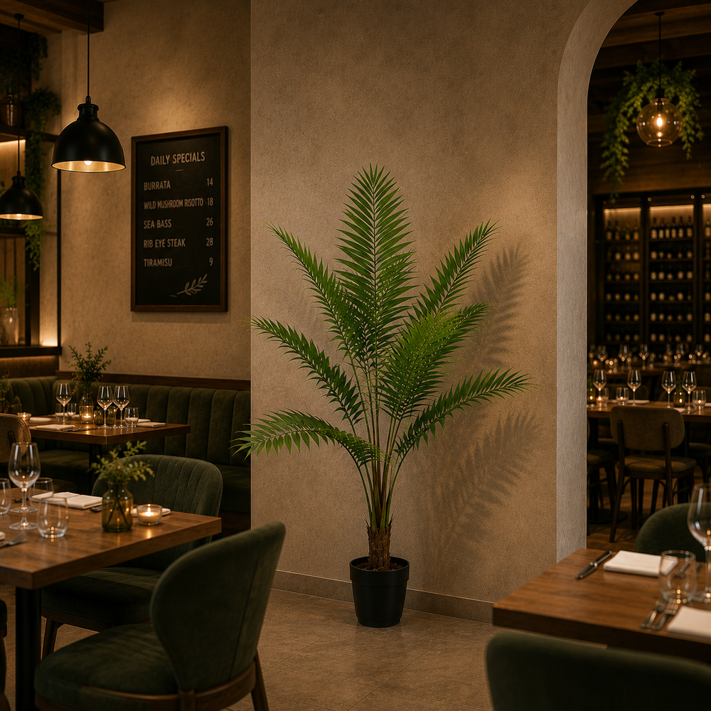 Plantă artificială Howea Forsteriana verde, 180 cm, palmier Kentia decorativ pentru living, birou, restaurant, hotel și spații comerciale.