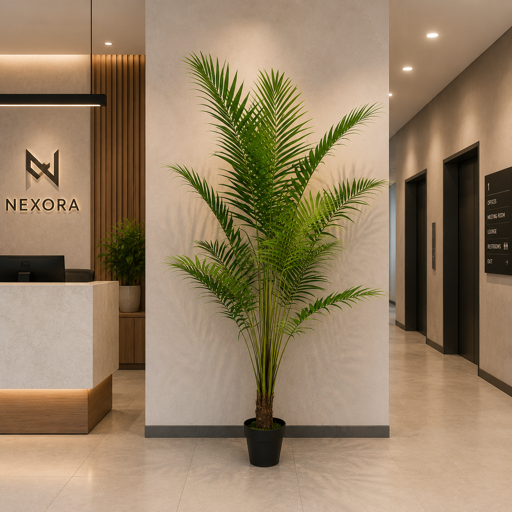 Plantă artificială Howea Forsteriana verde, 200 cm, palmier Kentia decorativ pentru living, birou, hotel, restaurant și spații comerciale.