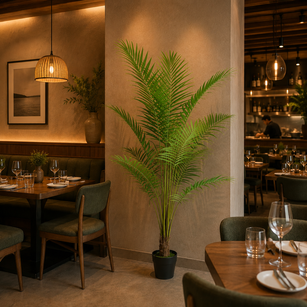 Plantă artificială Howea Forsteriana verde, 200 cm, palmier Kentia decorativ pentru living, birou, hotel, restaurant și spații comerciale.