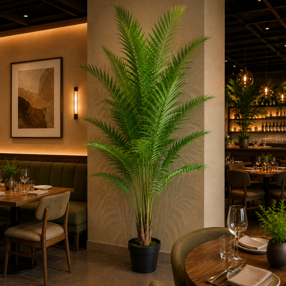 Plantă artificială Howea Forsteriana verde, 230 cm, palmier Kentia decorativ pentru living, birou, hotel, restaurant și spații comerciale.