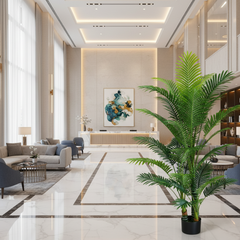 Planta Artificială Copac Tip Palmier Kentia, 3 tulpini, 17 frunze, 220 cm, Verde, cu Ghiveci